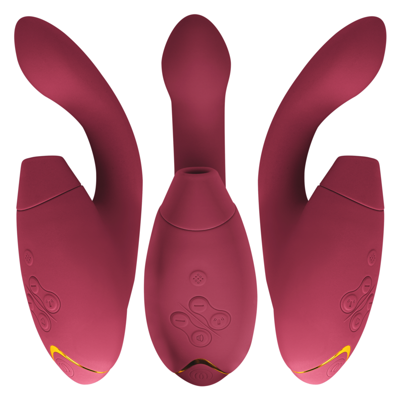 Trois vues du Womanizer Duo 2 bordeaux : tête d'aspiration clitoridienne, tige interne courbée et boutons de commande, double stimulateur en silicone.