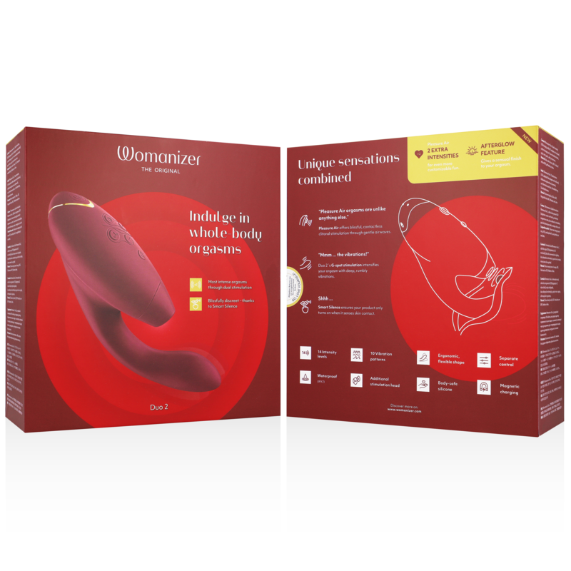 Emballage rouge du Womanizer Duo 2 ouvert présentant le device double bordeaux et un schéma d'usage des ondes d'air et vibrations, sans anatomie. Visuel pédagogique non explicite.