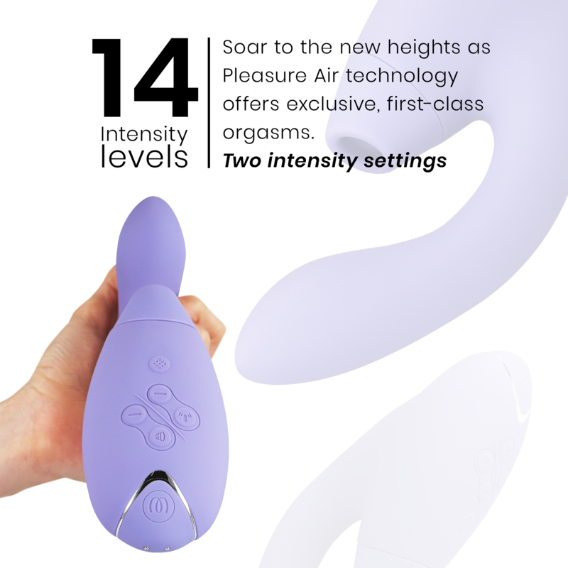 Stimulateur Womanizer Duo 2 violet lavande tenu en main avec mention 14 Intensity levels et silhouette du produit, mettant en avant la technologie Pleasure Air.