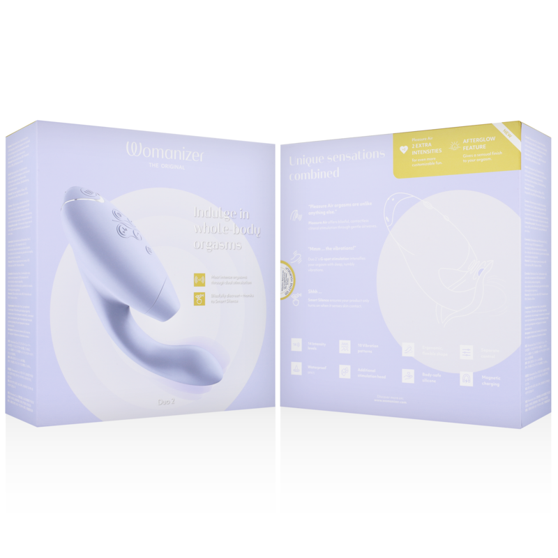 Boîte violet lavande du Womanizer Duo 2 ouverte sur l'avant et le dos, affichant un schéma des sensations combinées, packaging épuré sans aucune anatomie.