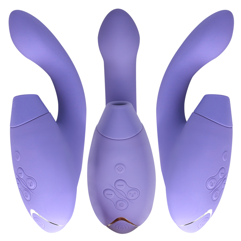 Womanizer Duo 2 violet lavande vu sous trois angles, profil et face avec commandes tactiles, présentant la tige interne lisse et l'embout d'aspiration clitoridien.