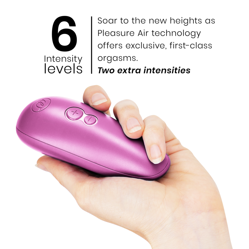 Womanizer Starlet 3 fuchsia serré dans une main, à côté du visuel 6 niveaux d'intensité de la technologie Pleasure Air par ondes d'air. Échelle de taille montrée en main.