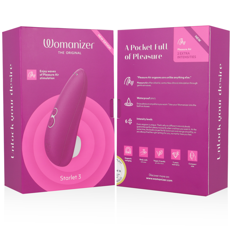 Emballage fuchsia du Womanizer Starlet 3 ouvert montrant le device et un schéma d'usage du stimulateur clitoridien par ondes d'air, sans anatomie. Visuel pédagogique non explicite.