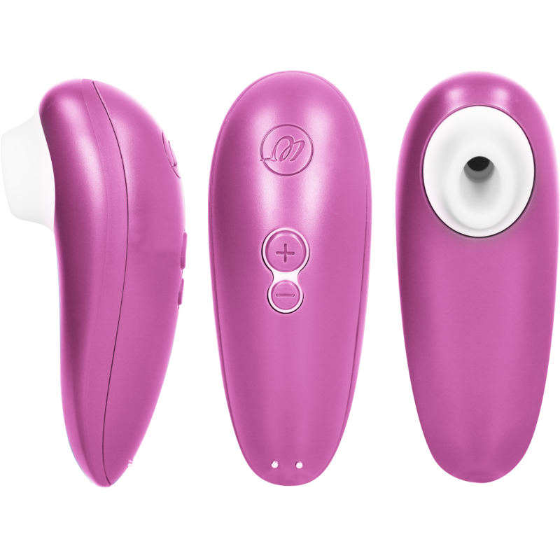 Trois vues du Womanizer Starlet 3 fuchsia : profil, face à boutons +/− et embout d'aspiration en silicone de dessus, stimulateur clitoridien sans contact.