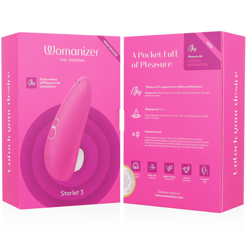 Emballage rose du Womanizer Starlet 3 ouvert présentant le device et un schéma d'usage du stimulateur clitoridien par ondes d'air, sans anatomie. Visuel pédagogique non explicite.