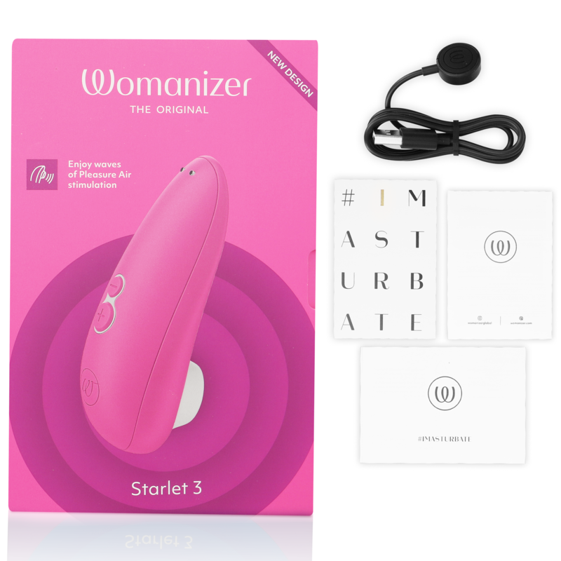 Boîte rose du Starlet 3, câble de charge et cartes de notice à côté, stimulateur clitoridien Womanizer rose à technologie Pleasure Air par aspiration.