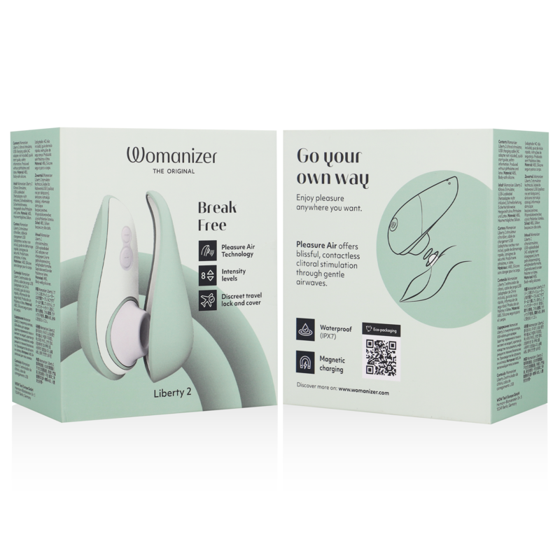 Boîte verte du Womanizer Liberty 2 vue de l'avant et du dos avec mentions Break Free et schéma des sensations, packaging épuré sans représentation anatomique.