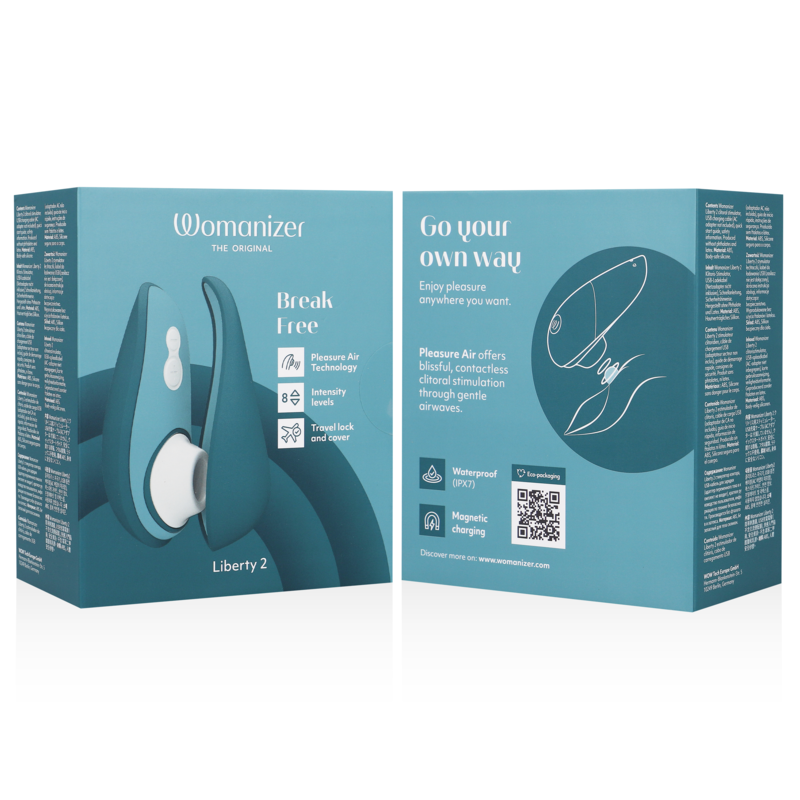 Boîte bleu nuit du Womanizer Liberty 2 vue de l'avant et du dos avec mentions Break Free et Go your own way, schéma des sensations, packaging sans anatomie.
