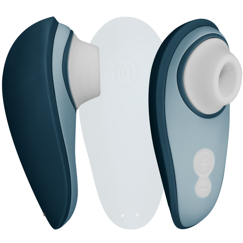 Womanizer Liberty 2 bleu nuit présenté de face avec embout d'aspiration blanc et version bleu clair de dos, forme compacte du stimulateur clitoridien sans contact.