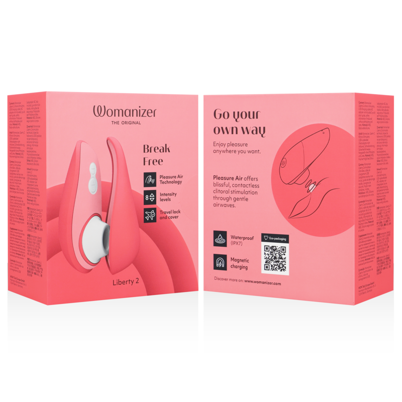 Boîte corail du Womanizer Liberty 2 vue de l'avant et du dos avec mentions Break Free et Go your own way, schéma des sensations, packaging sans anatomie.