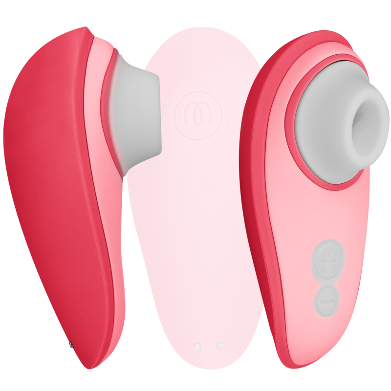 Womanizer Liberty 2 rose framboise présenté de face avec son embout d'aspiration blanc et de dos, silhouette compacte du stimulateur clitoridien Pleasure Air.