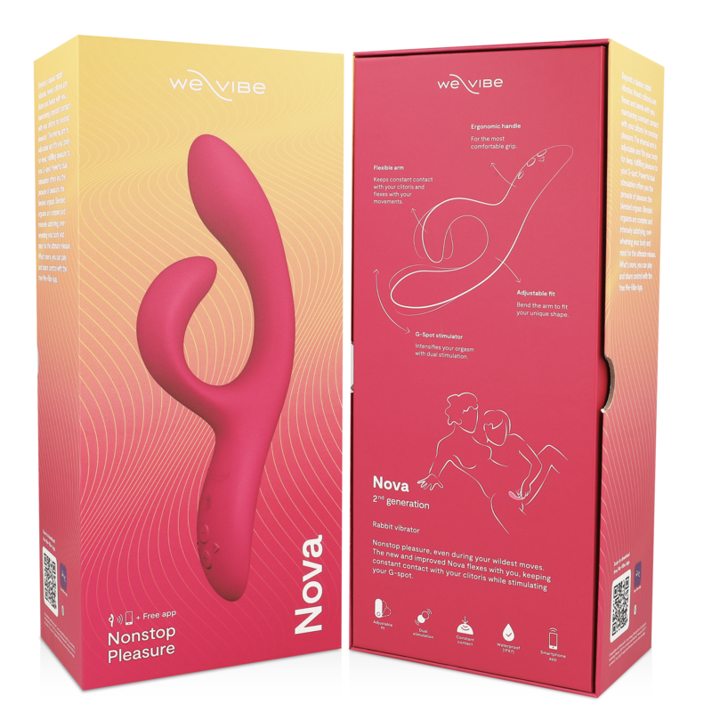 Boîte Nova by We-Vibe vue recto-verso, dégradé orange et rouge, illustrant le vibromasseur rabbit connecté en silicone et ses fonctions point G et clitoris pilotées par appli.