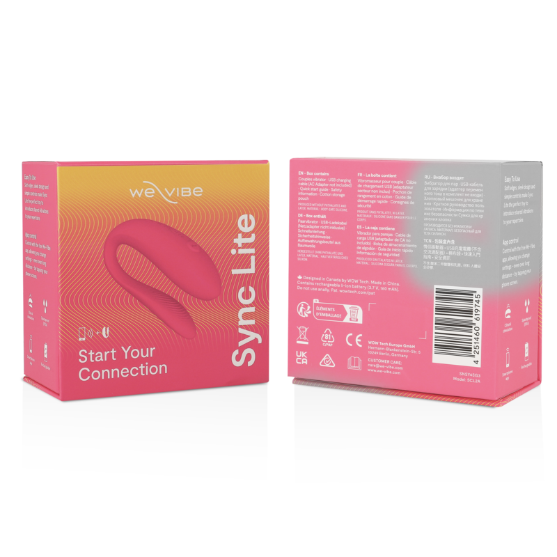Boîte We-Vibe Sync Lite vue recto-verso, dégradé orange et rose, illustrant le vibromasseur couple en silicone à porter pendant les rapports et piloté par application mobile.