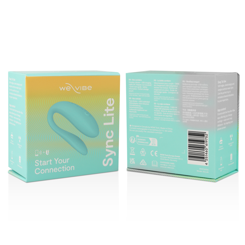 Boîte We-Vibe Sync Lite vue recto-verso, dégradé turquoise, illustrant le vibromasseur couple en silicone à porter pendant les rapports et piloté par l'application We-Connect.