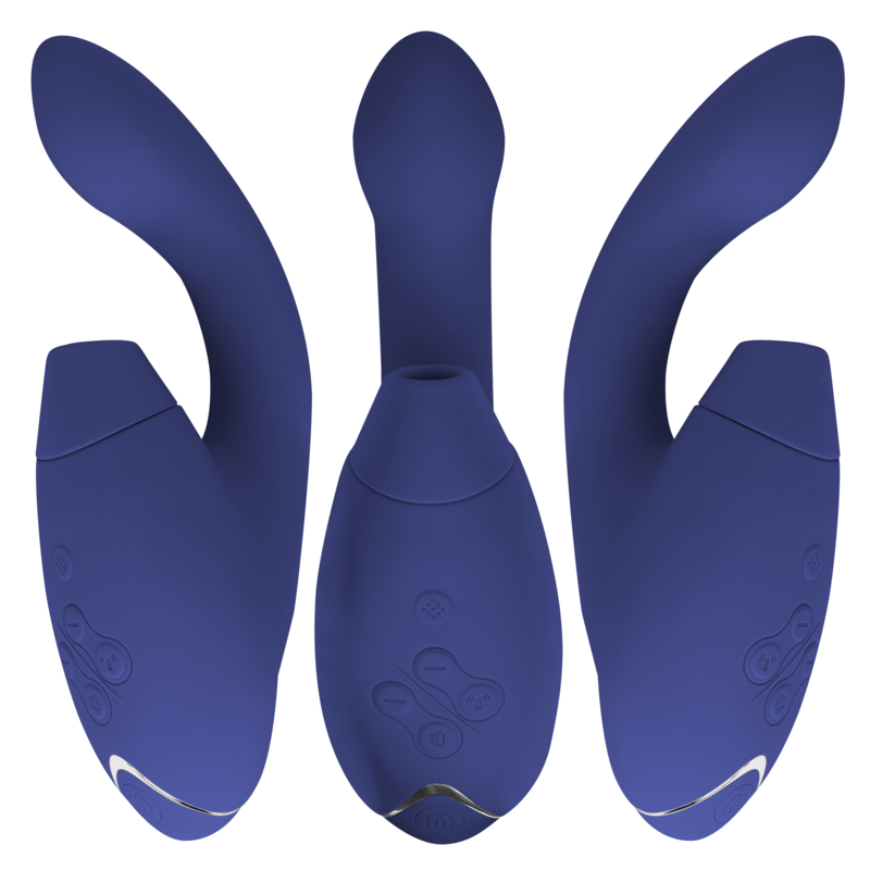 Trois vues du Womanizer Duo 2 bleu nuit : tête d'aspiration clitoridienne, tige interne courbée et boutons de commande, double stimulateur en silicone.