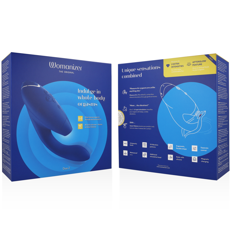 Boîte fermée bleue du Womanizer Duo 2 montrant l'avant avec le visuel produit et le dos avec un schéma technique des sensations, sans aucune anatomie représentée.