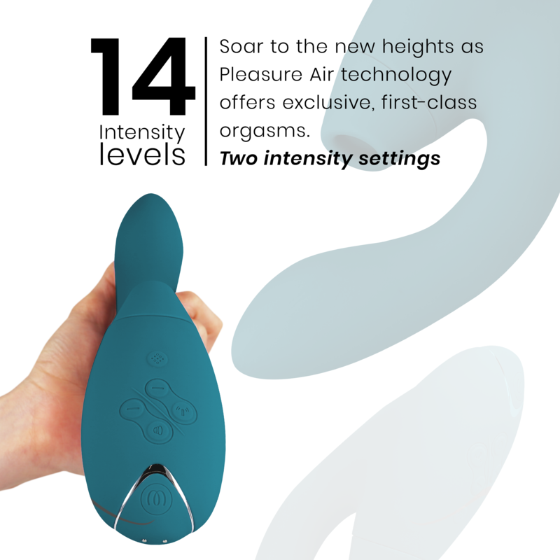 Stimulateur Womanizer Duo 2 vert canard tenu en main avec mention 14 Intensity levels, soulignant les quatorze niveaux d'aspiration Pleasure Air et la tige point G.
