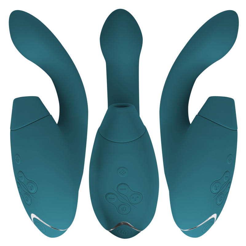 Womanizer Duo 2 vert canard présenté sous trois angles : profil, face avec boutons de commande et arrière, montrant la tige vaginale et l'embout d'aspiration clitoridien.