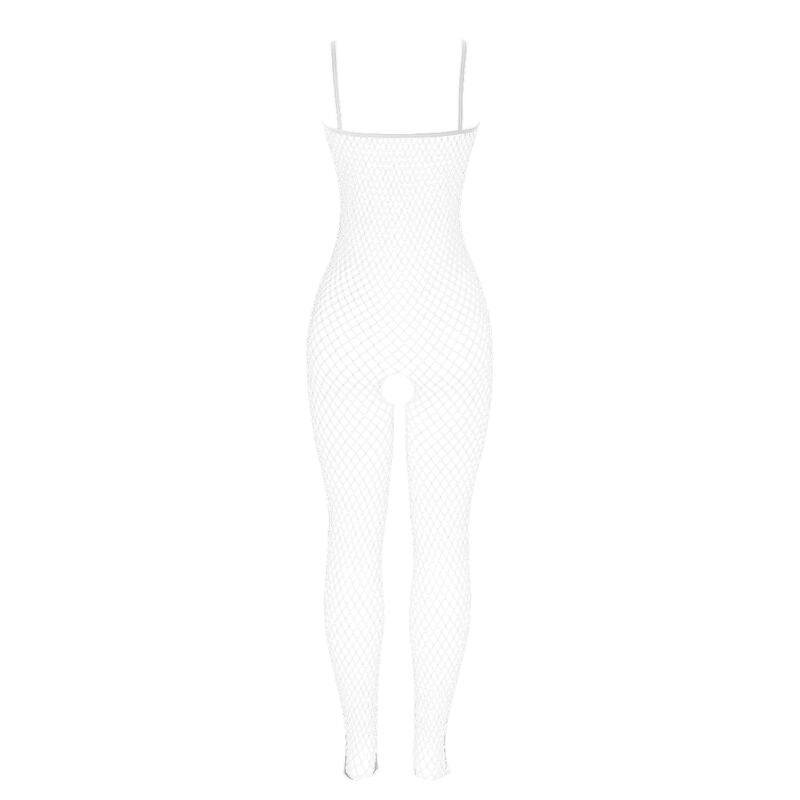 Bodystocking résille blanche entrejambe ouvert à nœuds — vue rapprochée