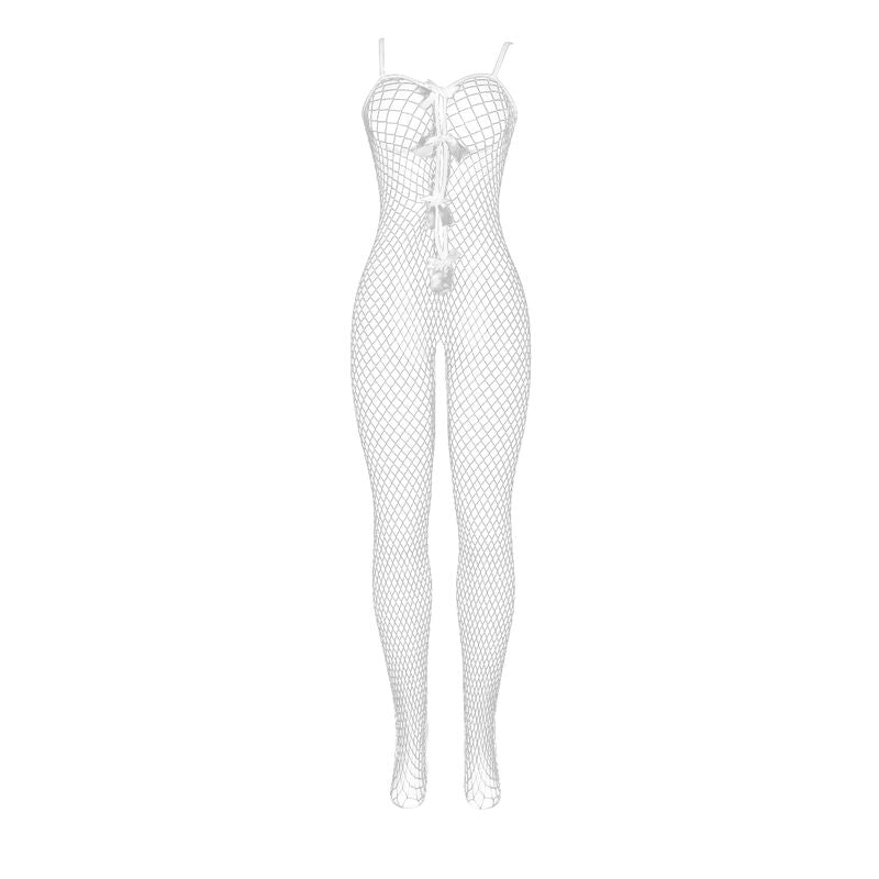 Bodystocking résille blanche entrejambe ouvert à nœuds — détail texture surface