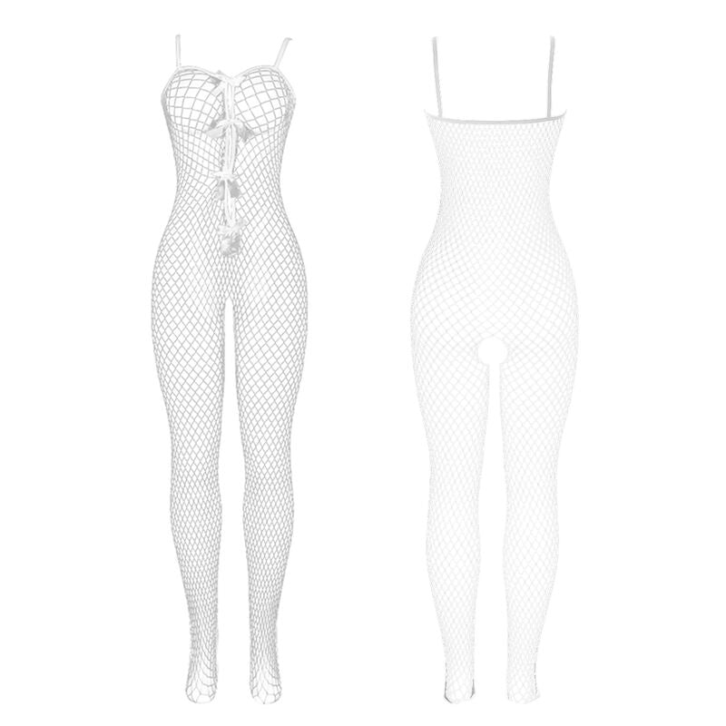 Bodystocking résille blanche entrejambe ouvert à nœuds — vue de dos