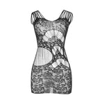 Robe longue dos ouvert en résille noire — vue de profil