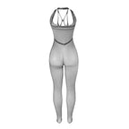 Bodystocking long résille à bretelles croisées noir — vue de dos