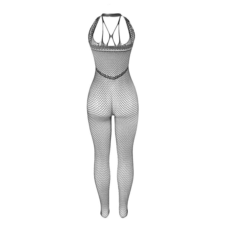 Bodystocking long résille à bretelles croisées noir — vue de dos