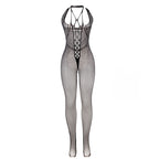 Bodystocking long résille à bretelles croisées noir — vue de profil