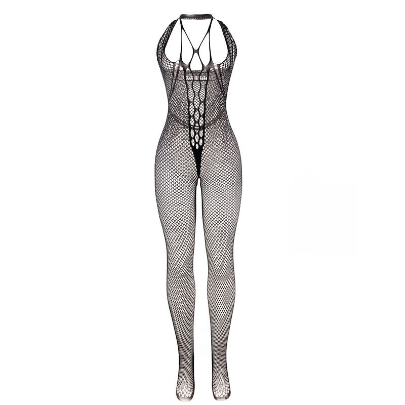 Bodystocking long résille à bretelles croisées noir — vue de profil