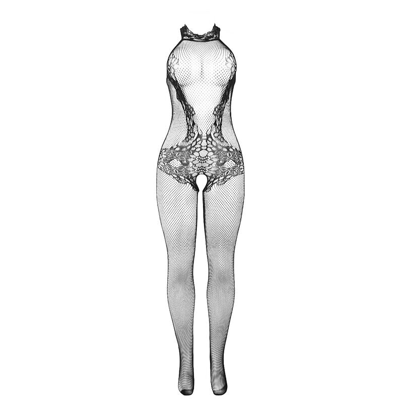 Croquis technique de la combinaison resille Subblime, vue de face du patron a col montant, dentelle florale et entrejambe ouvert, sans modele.