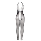 Bodystocking résille dos ouvert à détails croisés noir — vue de dos