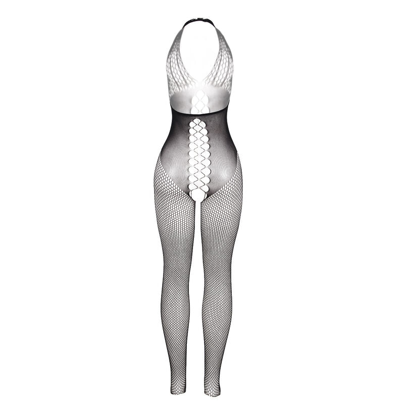 Bodystocking résille dos ouvert à détails croisés noir — vue de dos