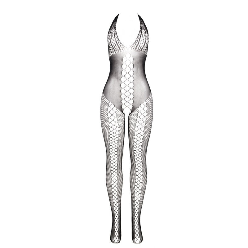 Bodystocking resille noire a dos ouvert presente a plat sur fond blanc, col licou et details croises, maille extensible transparente graphique taille unique.