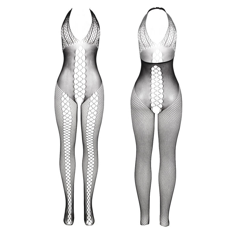 Bodystocking résille dos ouvert à détails croisés noir — vue de profil