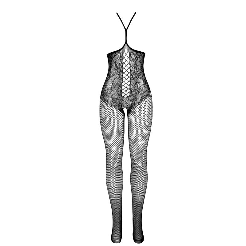 Bodystocking résille noir poitrine ouverte col licou — vue de dos