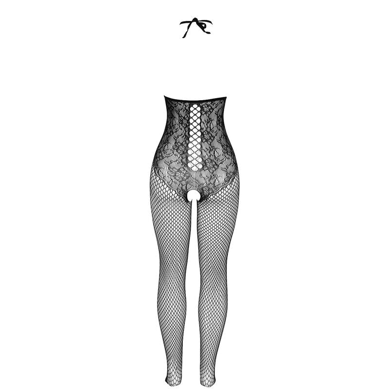 Bodystocking résille noir poitrine ouverte col licou — détail texture surface