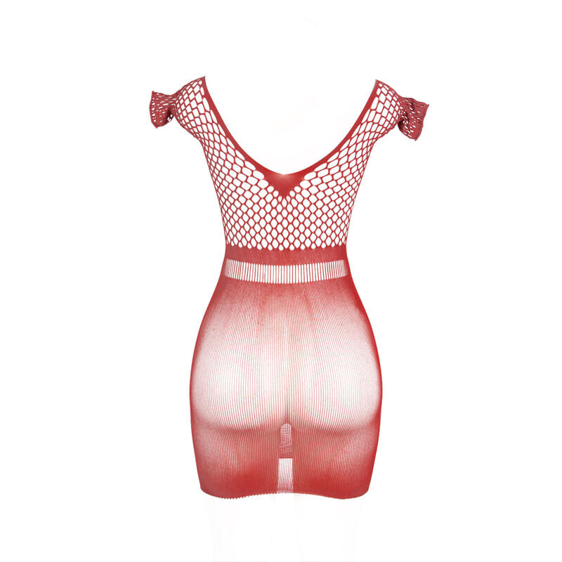 Robe courte au crochet rouge ajourée — détail texture surface