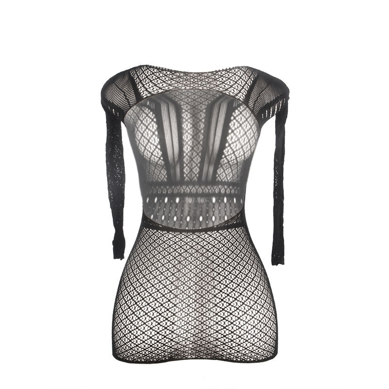 Robe résille dos nu maille au crochet noire — détail texture surface