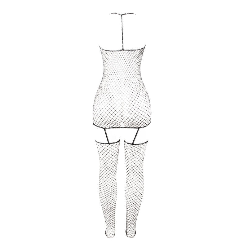 Schema technique en blanc de la combinaison resille Subblime, vue de face du buste et des bas jarretelles, illustration de coupe taille unique.