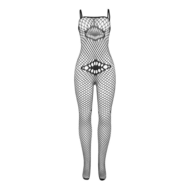 Schema de face de la combinaison resille noire pose a plat, motif filet et decoupes sculptantes au buste et aux cuisses, body resille une-piece Subblime.