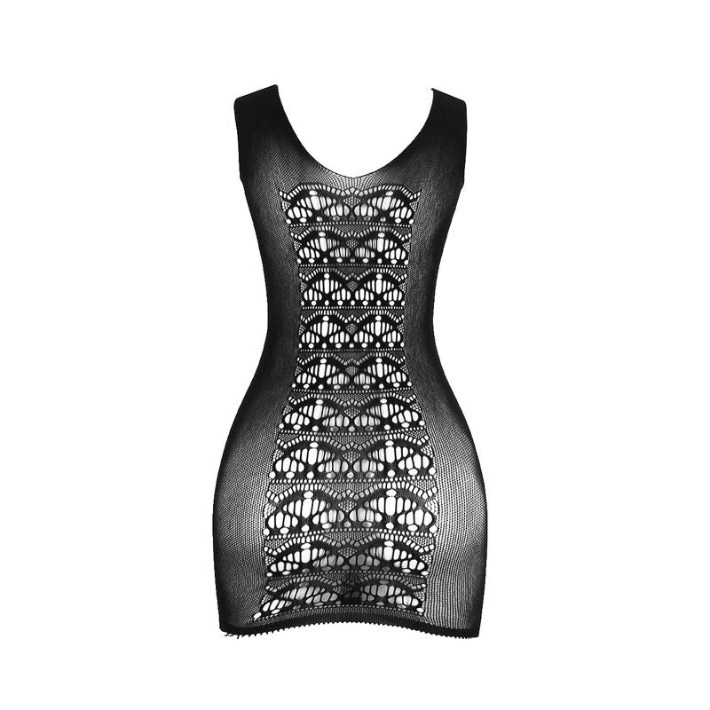 Robe courte resille noire Subblime vue dos presentee a plat sur fond blanc, maille ajouree dense a motif floral, mini robe lingerie sensuelle taille unique de la marque Subblime.