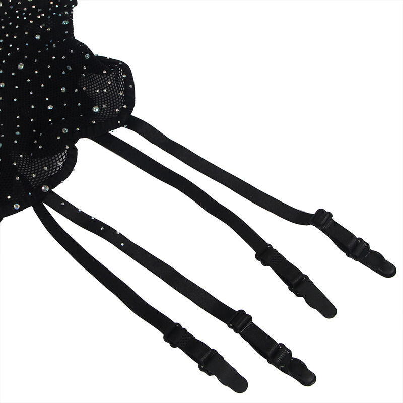 Gros plan sur les jarretelles en resille noire a strass du bodystocking Subblime, sangles reglables presentees a plat, matiere nylon et elasthanne extensible.