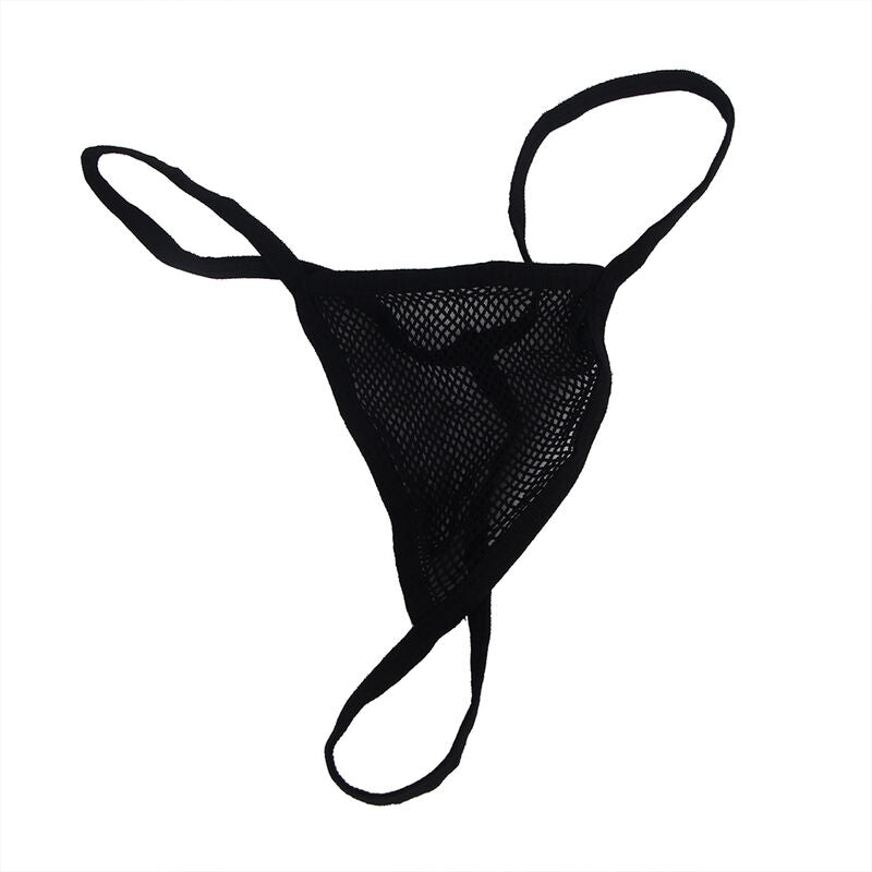 String en resille noire seul, photographie a plat, piece coordonnee au bodystocking losange Subblime a strass, maille nylon elasthanne effet seconde peau.