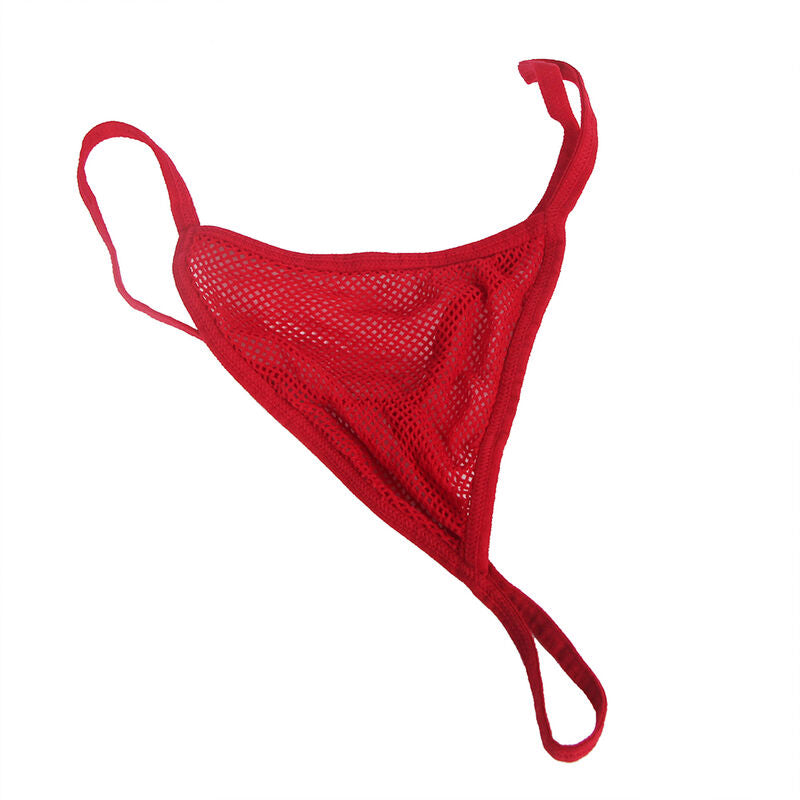 String en resille rouge seul photographie a plat, piece assortie au bodystocking losange Subblime a strass, maille nylon elasthanne extensible.