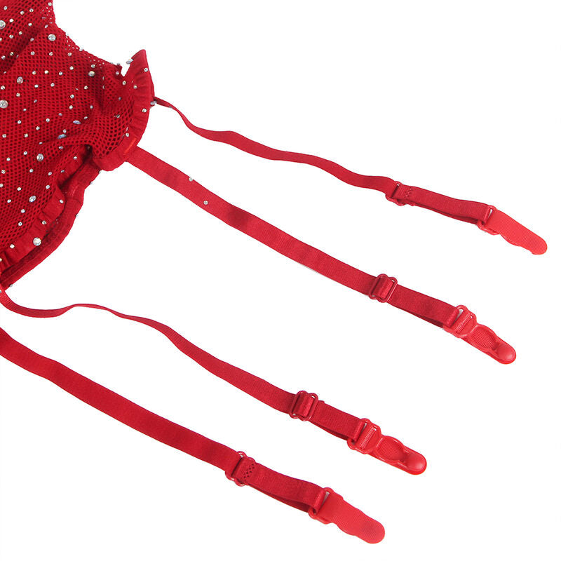 Gros plan sur les jarretelles rouges a strass du bodystocking Subblime, sangles reglables a plat, finition seconde peau en nylon et elasthanne.
