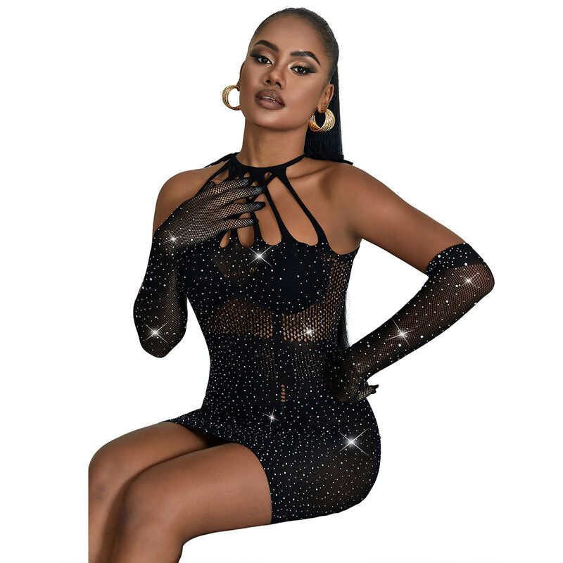 Robe résille noire ornée de strass — vue de profil