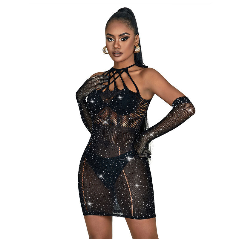Robe résille noire ornée de strass — vue de dos