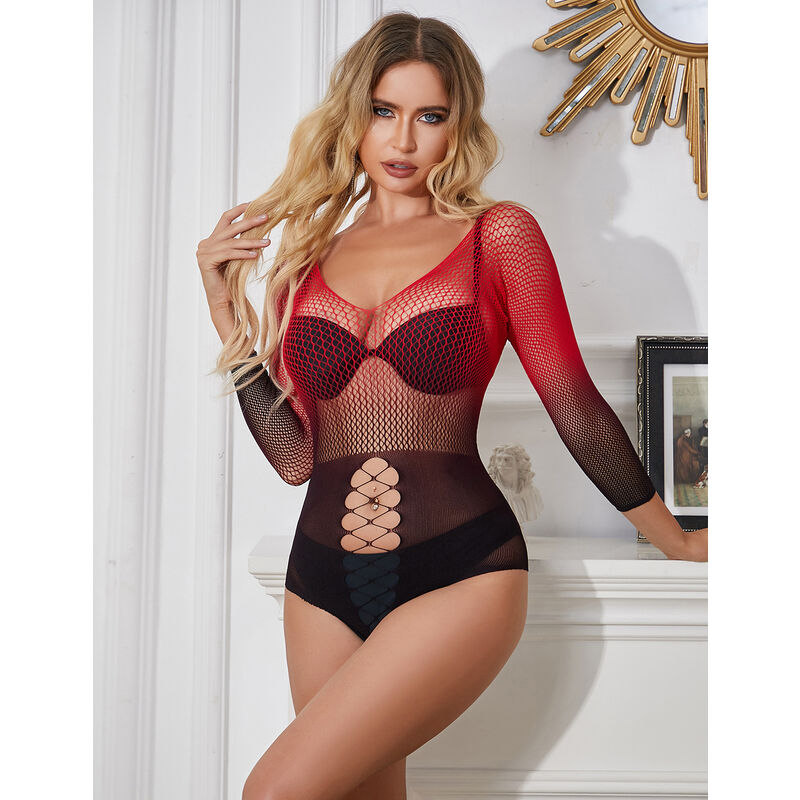 Body resille degrade rouge et noir Subblime de face, armatures soutien-gorge et laçage ventral, maille transparente sur le buste, decor clair chic.