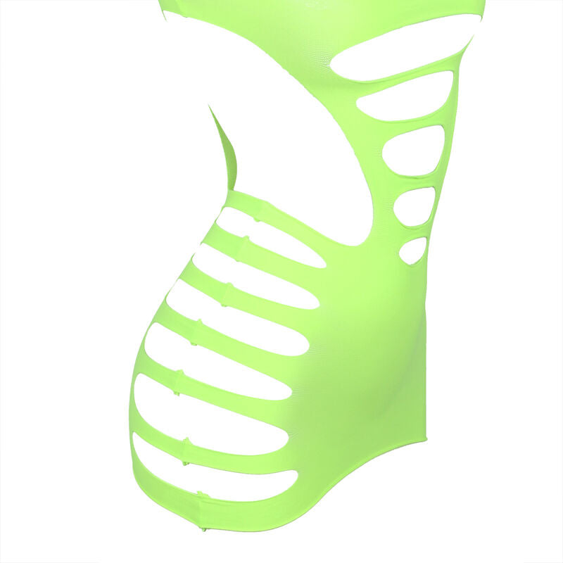Robe resille vert fluo Subblime a larges decoupes laterales lacerees, presentee a plat de dos, maille ajouree extensible laissant apparaitre la silhouette en transparence.